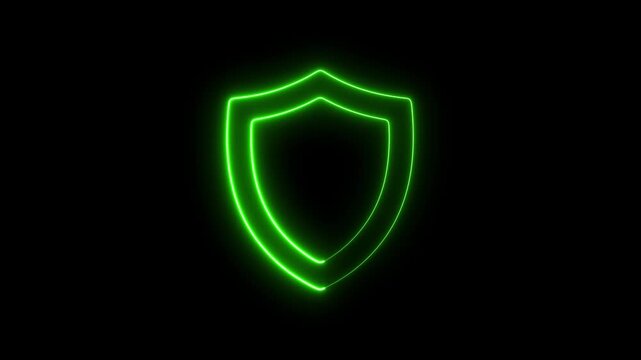 Glowing green neon shield animation, cyber security and data protection concept, digital safety symbol on black background