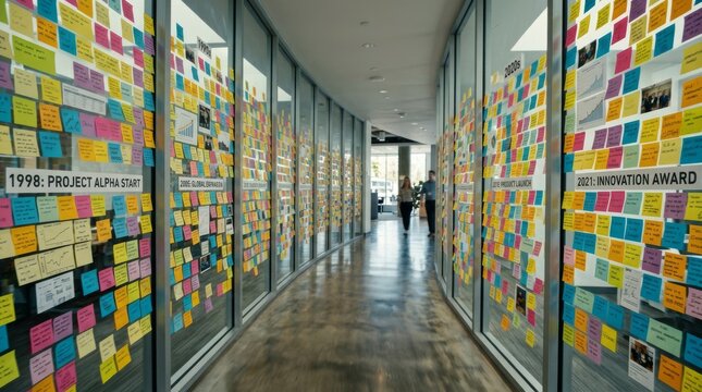 Cinematic tracking shot along a modern corporate office hallway where glass walls are filled with colorful sticky notes and project timelines, showing business milestones and creative growth.