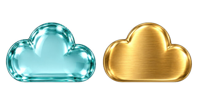 Aqua glass and gold cloud symbols isolated on white background, glossy 3D interface icon set for cloud computing and weather app design