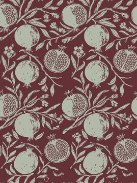 Pomegranate Pattern with Branches and Leaves on Maroon