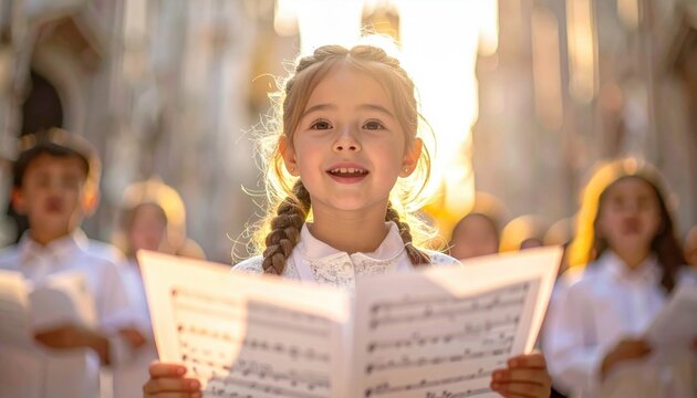 A young girl joyfully sings from sheet music, illuminated by warm light, with a blurred group of children singing behind her.