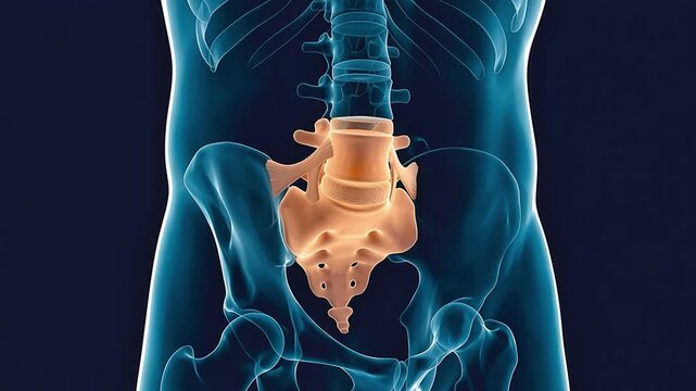 3D medical animation highlighting the sacrum and lower lumbar vertebrae in the human body focusing on spinal anatomy and orthopedic health