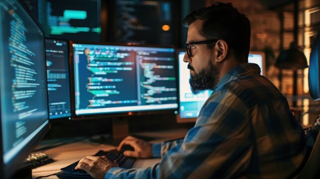 Software developer with beard and glasses works on coding projects across multiple computer monitors at night.