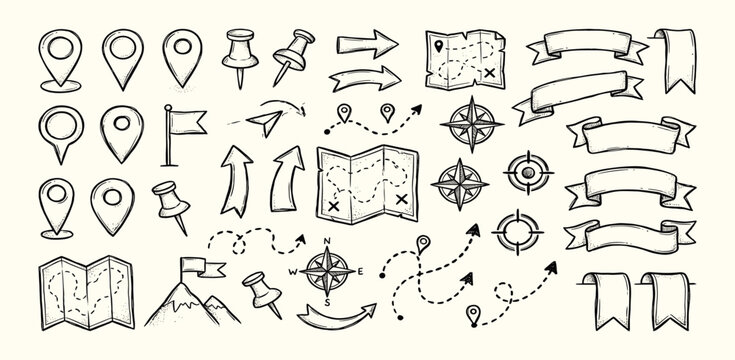 Doodle location pin. Sketch local icons. Hand drawn pencil address coordinate symbols, chalk digital map pinpoint, GPS tag, place marker, journey point. Vector set
