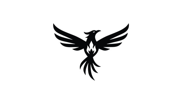 Majestic black silhouette of a rising phoenix bird with spread wings and a flaming chest on white background.