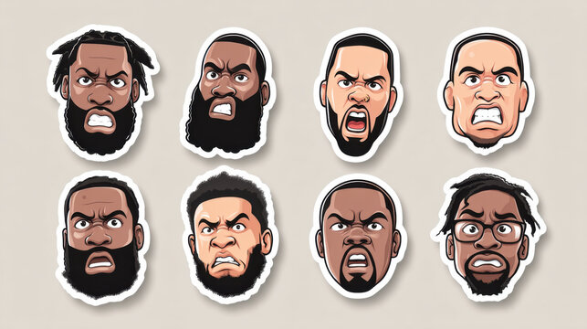Set of angry male face avatars with various hairstyles and beards in vector style