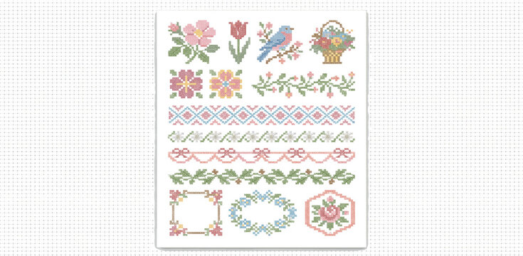 Vintage cross stitch. Handcrafted embroidery. Folk floral stitched elements, border, frame, bow, bird, flowers, curly ornate. Trendy cottagecore decor. Vector set