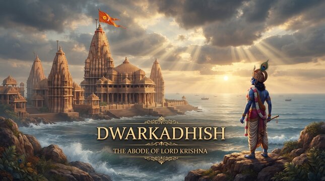 Lord Krishna Overlooking Sacred Dwarka Panoramic Artwork