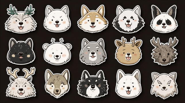Collection of cute cartoon wolf and forest animal face sticker icons