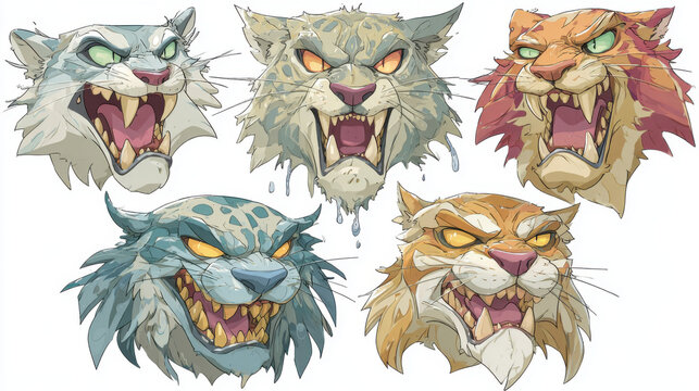 Fierce cartoon cat and wild feline heads set with expressive aggressive faces and fangs