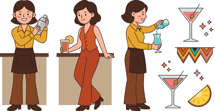 Female Bartender and Waitress Character Set Shaking Shaker Pouring Cocktails and Serving Customers for Restaurant Bar Nightlife Graphic Designs