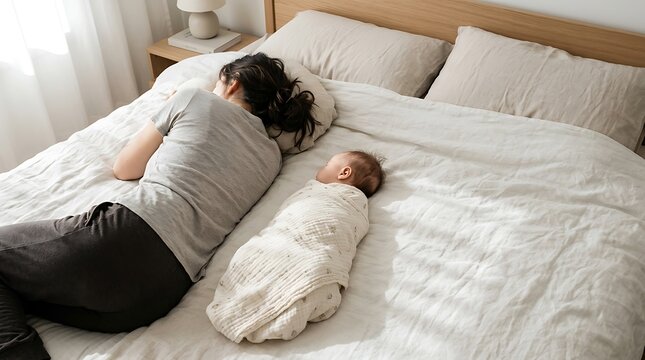 Tired Mother Sleeping Comfortably on a Bed Next to Her Newborn Baby Swaddled in a Soft Blanket in a Brightly Lit Cozy Bedroom