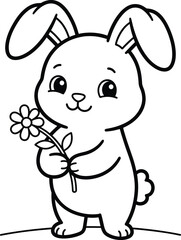 Fototapeta premium A cartoon bunny holding a flower is depicted in a simple black line art style