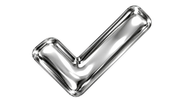 Chrome metallic check mark isolated on white background, chrome 3D interface icon for verification, approval and task completion design
