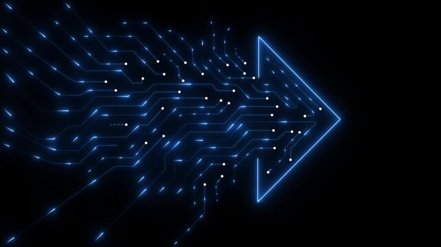 Glowing red neon circuit board tracks forming a forward arrow shape animation background for cybersecurity concepts, digital technology growth, data flow direction, and black background ,4k .