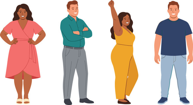 Body Positive People Vector Set Featuring Confident Plus Size Men and Women Standing Proudly Isolated on White Background Graphic Designs