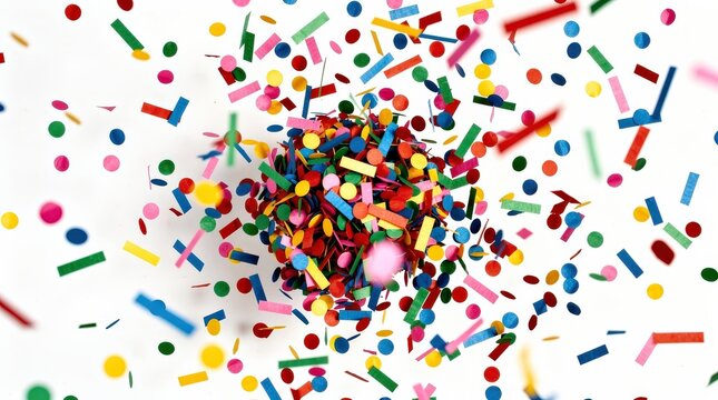 Colorful confetti scattered in mid-air against a white background, creating a festive and vibrant celebration atmosphere.