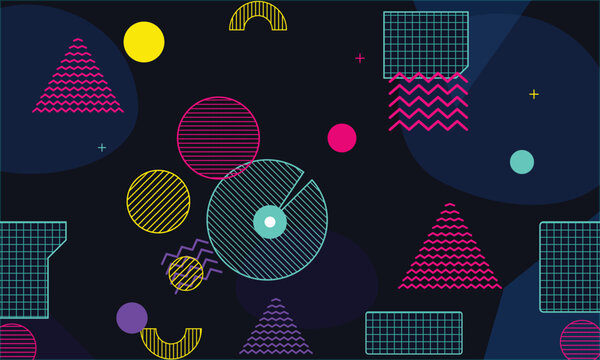Abstract Memphis Style Geometric Pattern with Neon Shapes 80s 90s Retro Digital Background Design