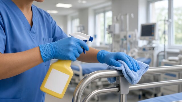 Hospital Cleaner Sanitizing and Disinfecting Bed Rail in Icu Room Interior
