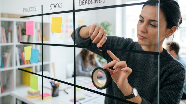 Professional female creative designer organizing a project management grid on a transparent glass board using black tape and sticky notes in a modern office for agile workflow and planning.