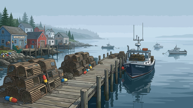 Coastal fishing village harbor with lobster boats and traps on a wooden pier