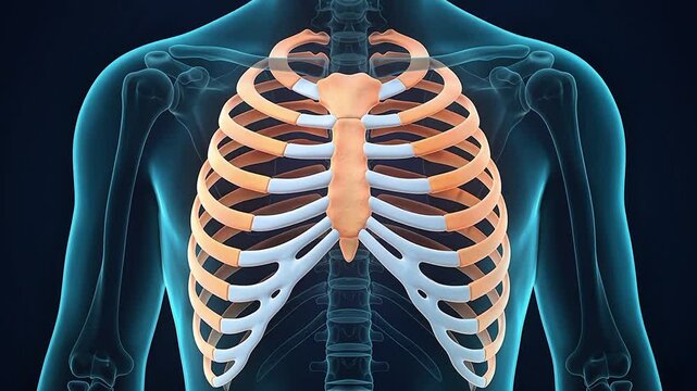 3D medical illustration of the human rib cage and thoracic skeletal system showing the sternum and costal cartilage on a dark blue anatomical background