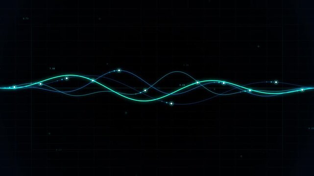 Digital data visualization showing cyan glowing oscillating sine waves on a dark grid interface wave graph technology science