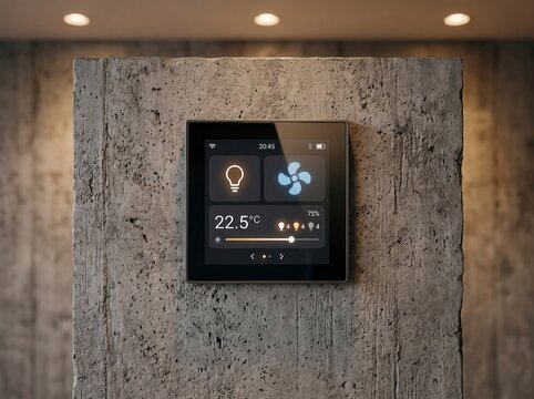 Modern digital touch screen panel mounted on a textured concrete wall displaying lighting, ventilation, and temperature controls for smart home automation.