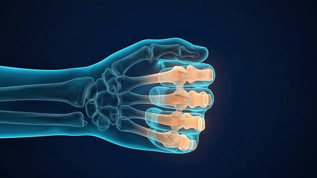 3D medical animation showing a translucent hand skeleton opening and closing with glowing orange highlights on the knuckles to represent arthritis or joint pain
