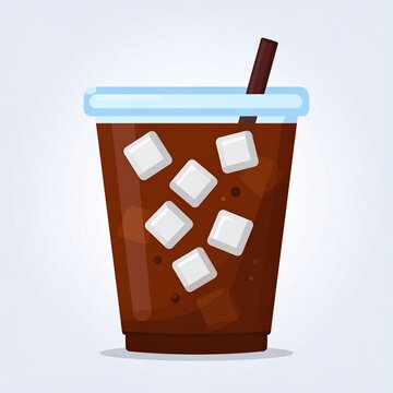Vector illustration of iced coffee in a plastic cup with ice cubes and a straw on a light background