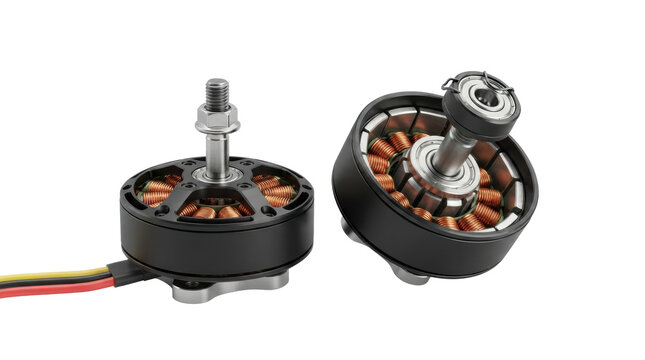 Modern brushless electric motors for FPV drones isolated on white. 3D illustration
