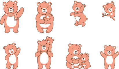 Fototapeta premium Cute bear family collection, set of cartoon bears waving, hugging, reading, and playing in soft pastel pink colors