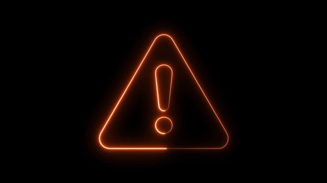 Neon orange warning sign glowing on black background, digital alert symbol animation caution