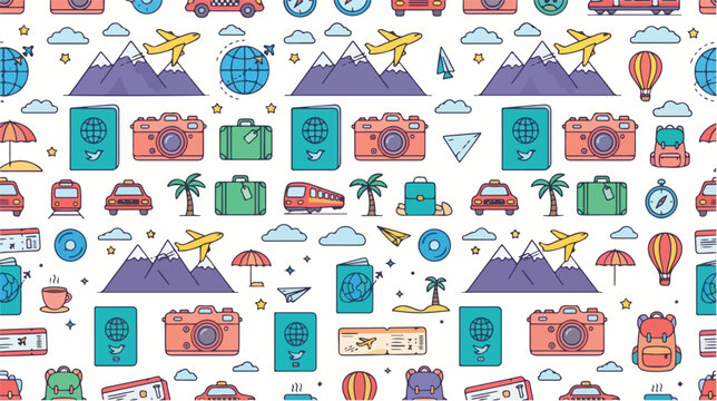 Vibrant travel seamless pattern featuring diverse vacation and adventure icons, perfect for global exploration and holiday designs, illustrating a cheerful journey