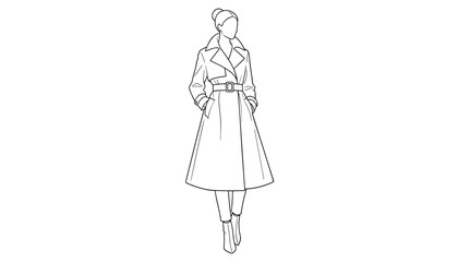 Fototapeta premium Fashion illustration of a woman wearing an elegant long belted trench coat and boots in a minimalist line art style.