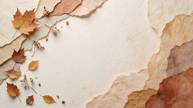 Minimal autumn paper background with dried leaves and natural texture