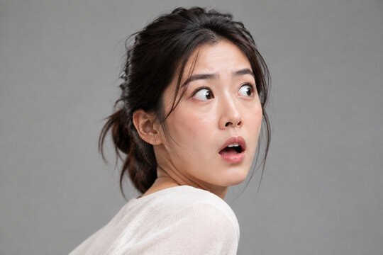 Surprised adult with wide eyes on gray background, shock and unexpected news concept