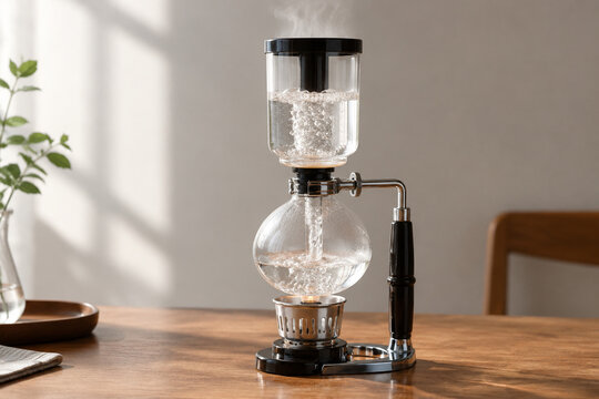 Transparent siphon coffee maker on a wooden table with steam and rising water.