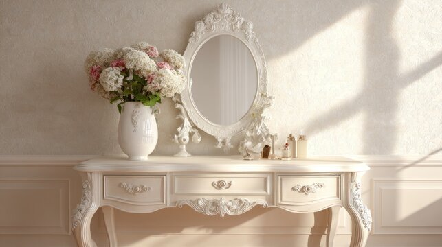 Elegant vanity table with a vase of flowers mirror and decorative elements