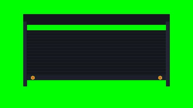 4K chroma key green screen motion graphic featuring an industrial black steel retail security roller shutter rolling open to reveal a 70% off Black Friday promo. 