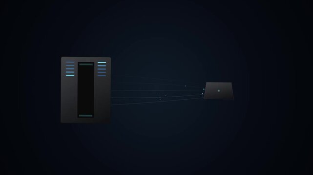 Dark graphite edge computing server node with cyan glowing lines and blue data streams transferring to a device in a tech facility