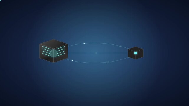 Dark graphite edge computing server node with cyan glowing lines and blue data streams flowing to a connected device in tech hub.