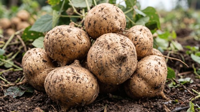 Freshly Harvested Jicama Root Vegetables Growing in Rich Soil.