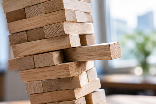 A single wooden block pulled from a tilted Jenga tower, extreme close-up.