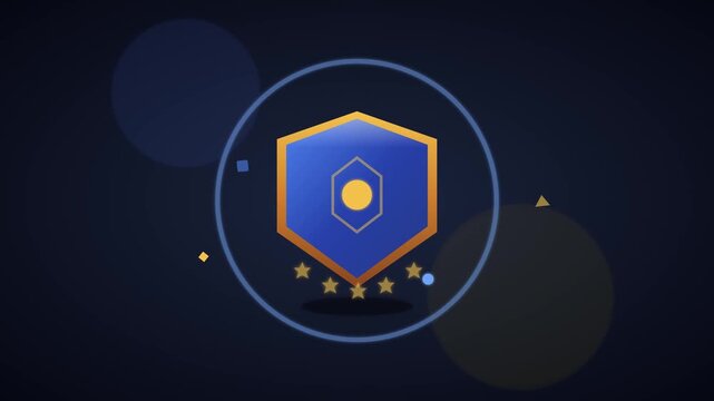 Polished Blue and Yellow Achievement Badge with Glowing Progress Ring and Orbiting Geometric Reward Elements for EdTech Gamification