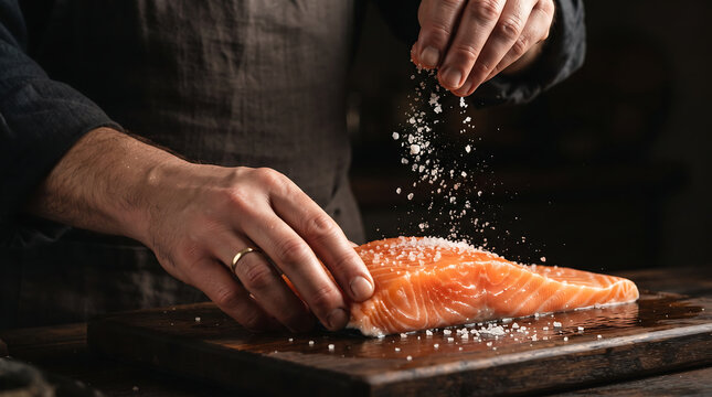 Close-up of hands salting a fresh salmon fillet on a wooden board.