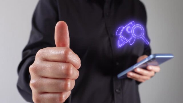 Startup analysis. A woman holding a mobile phone while gesturing a thumbs-up alongside a virtual rocket icon and a magnifying glass.