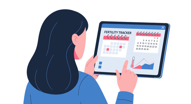 Woman Using Fertility Tracker App on Digital Tablet for Menstrual Cycle Monitoring and Pregnancy Planning Illustration