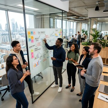 Diverse team collaborating on whiteboard in modern office.