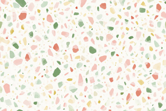 Trendy pastel terrazzo pattern background featuring colorful smooth stone chips in soft mint, blush pink, and pale yellow on a white concrete surface.
